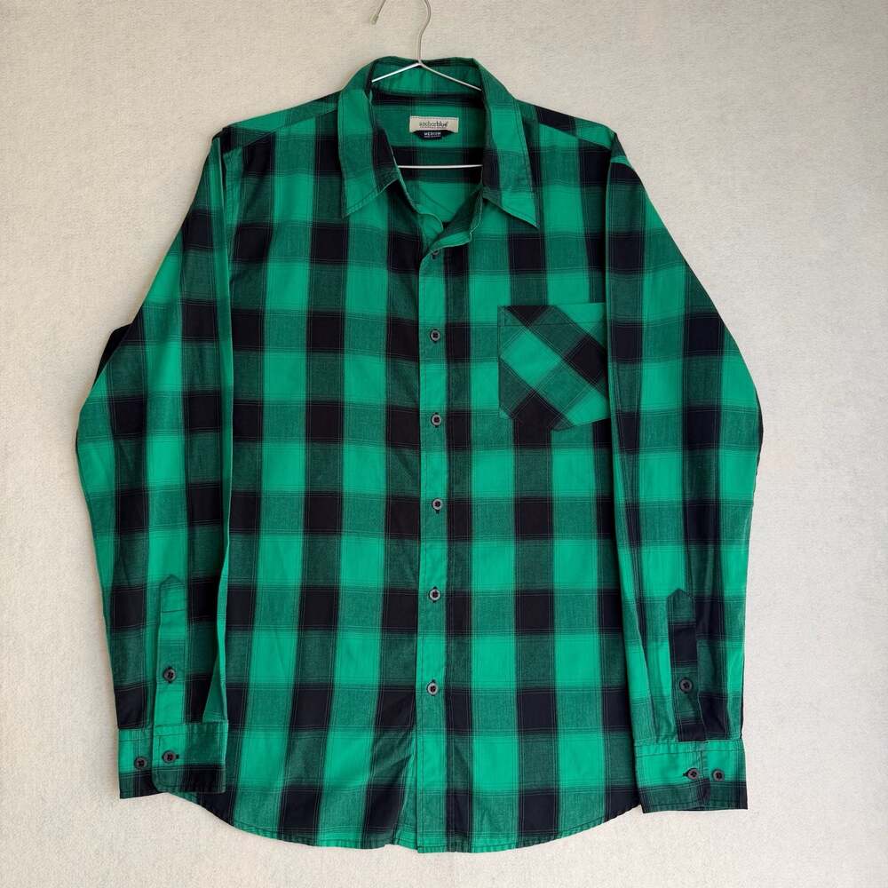 Anchor Blue Shirt Mens Medium Green Black Buffalo Plaid Y2k Button Down